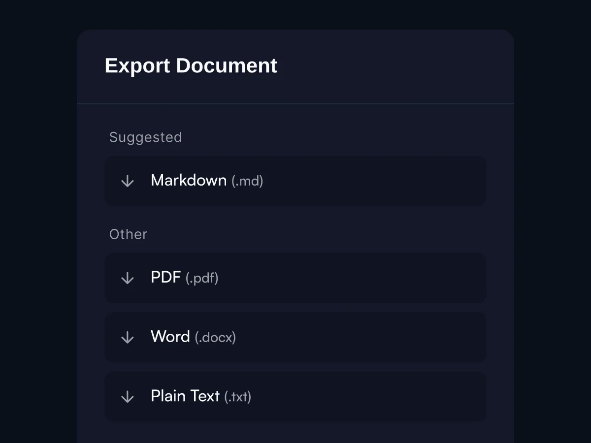 cDox document export options including PDF, Word, and Markdown